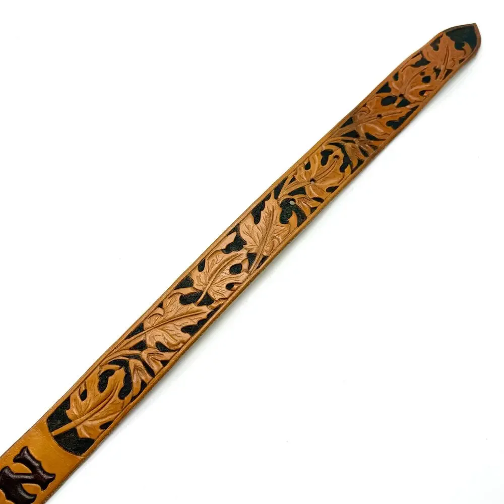 Maureen Vintage Western Name Belt 32 Hand Tooled Brown Leather Leaves No Buckle
